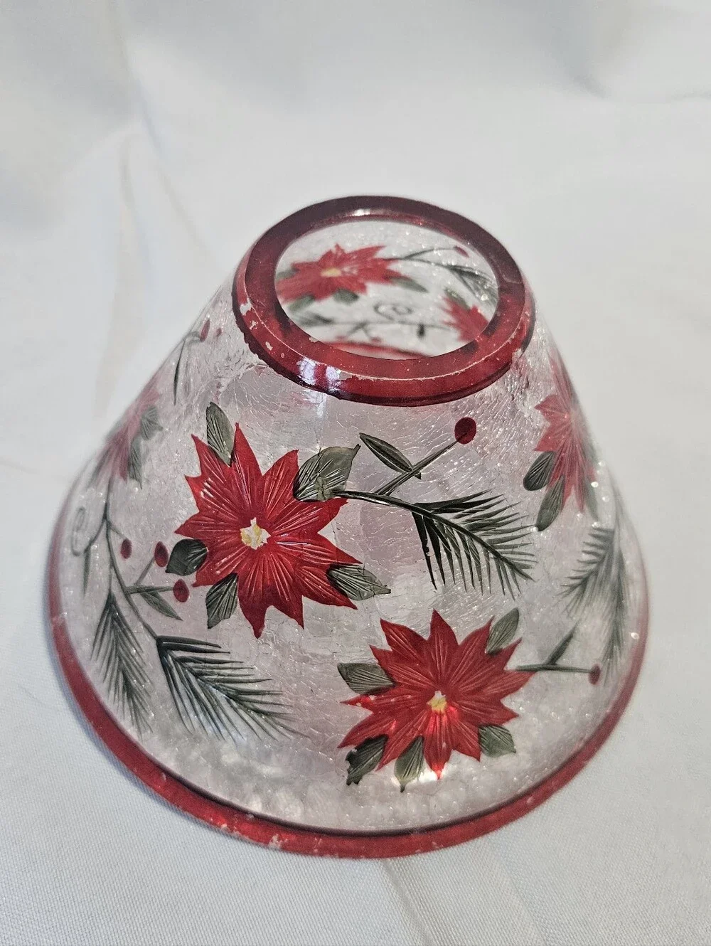 Yankee Candle Seasonal Christmas Poinsettia Crackle Glass Jar Shade Topper Rare